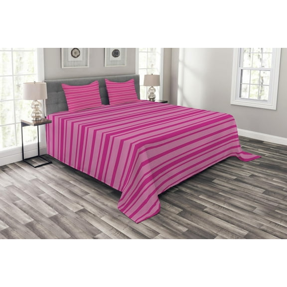 Ambesonne Hot Pink Quilted Bedspread Set 3 Pcs, Stripes Geometrical, King Size, Pink Hot Pink