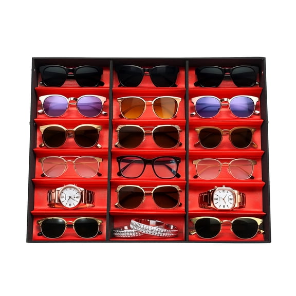 18 Slot Sunglasses Organizer Display Case, Eyeglass Storage Box with Stand, Fabric Lined & Snap Closure for Eyewear, Jewelry & Watches