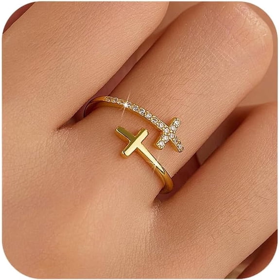 Dainty 14k Gold Plated Cross Rings for Women Sterling Silver Plated Purity Ring with Blue Birthstone Christian Faith Ring Easter Confirmation Baptism Jewelry Gifts to Daughter