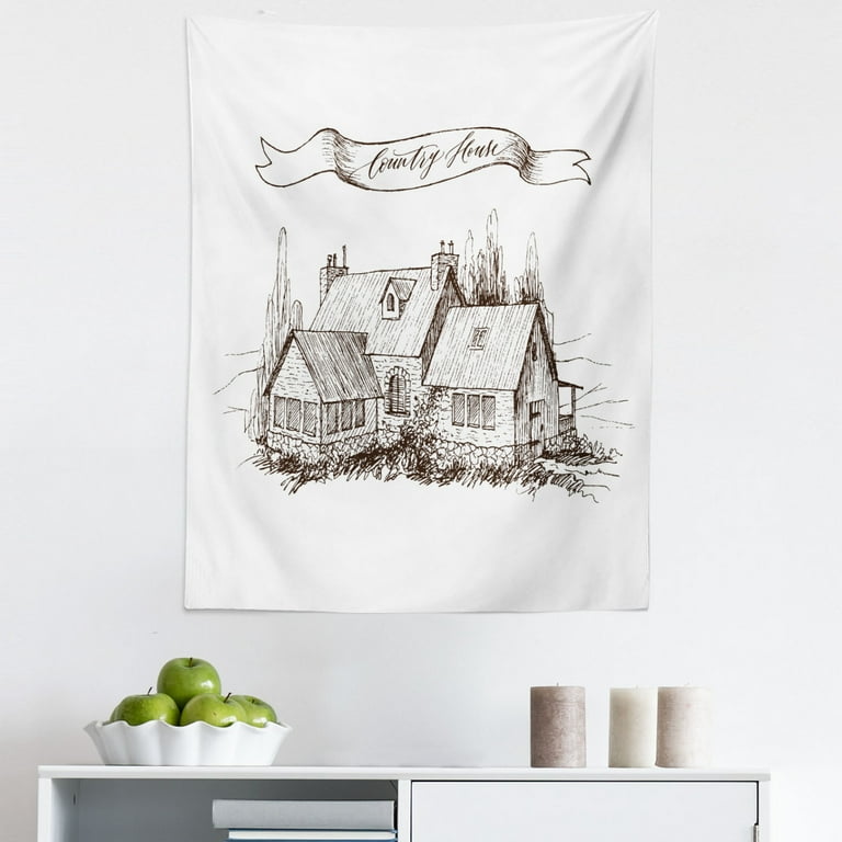 Farmhouse Tapestry Country House Tranquility of Rural Life Home Sketch Lettering Illustration Fabric Wall Hanging Decor for Bedroom Living Room Dorm 5 Sizes Dark Brown White by Ambesonne Walmart