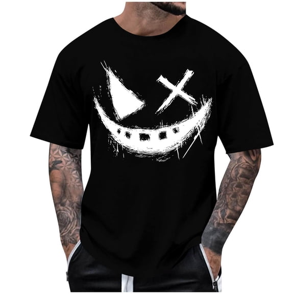 Dagegui Mens Crew Neck Short Sleeve Tops Smile Face Graphic T Shirt Big & Tall Summer Tee Trendy Holiday Party T-Shirts Black S
