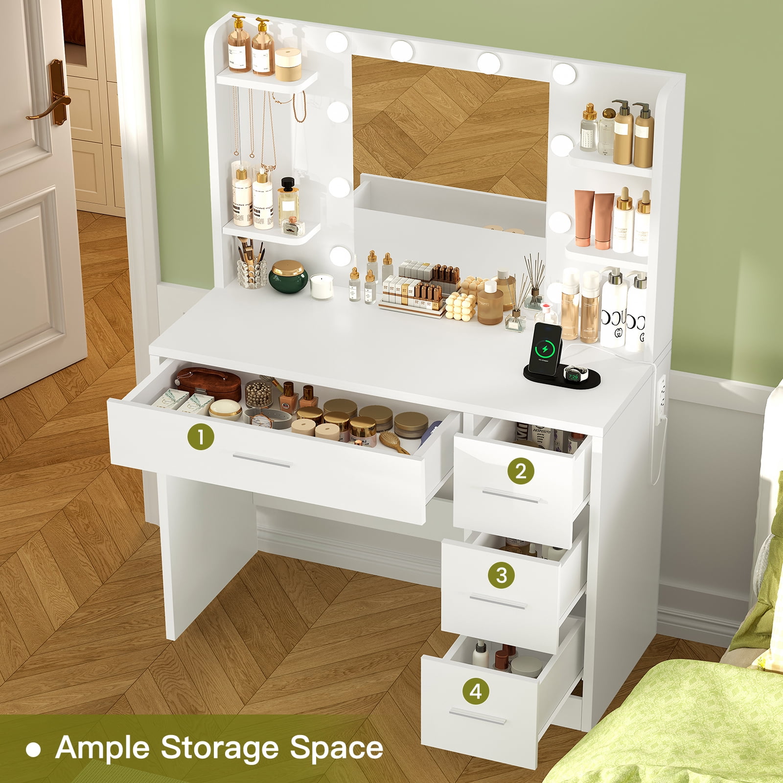 TEENFON Makeup Vanity Set with Mirror and Lights, Vanity Desk with Power Outlet and 4 Drawers & 6 Shelves, Vanity Table for Bedroom, White