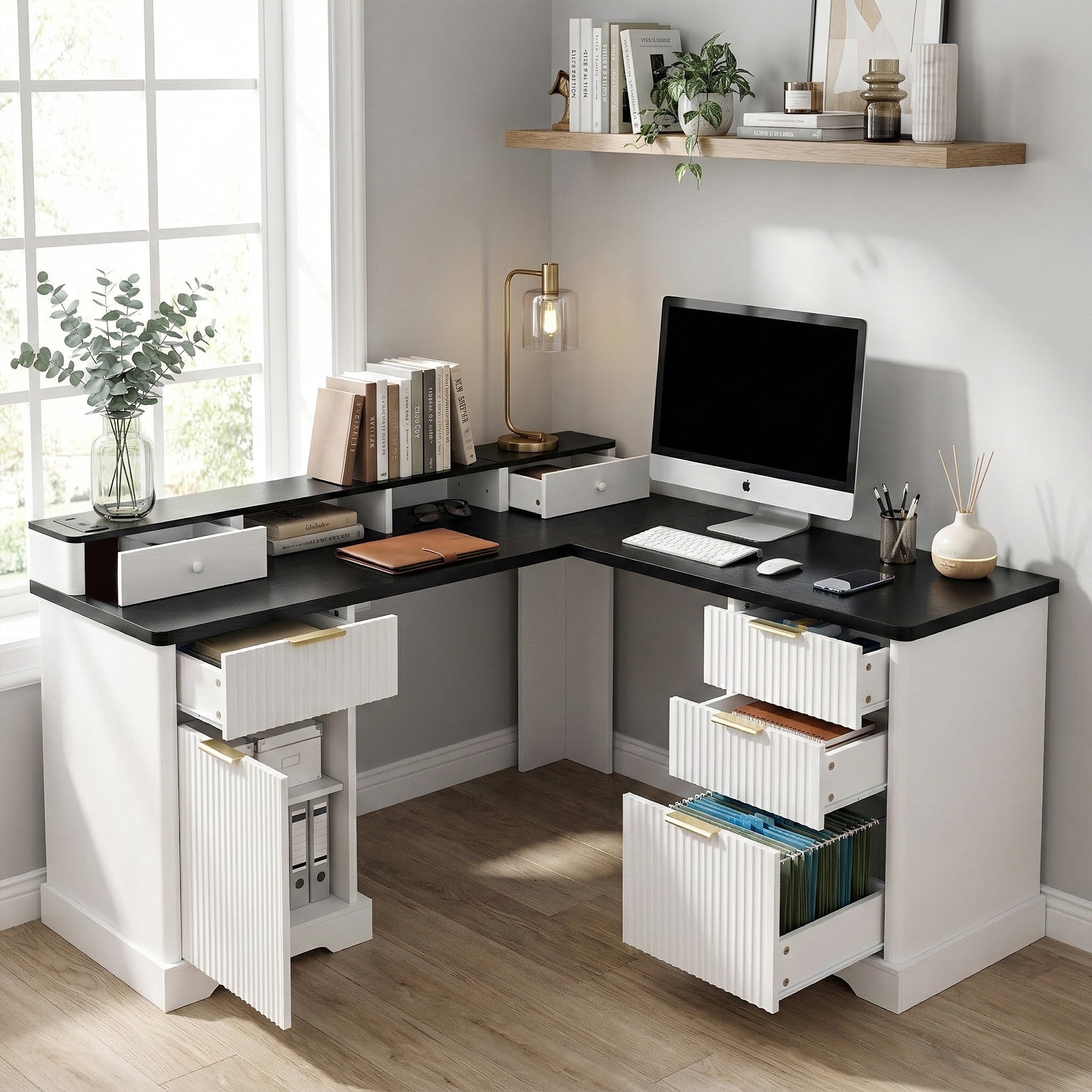 Mintazer 59" Modern Fluted L-Shaped Desk with Charging Station & Storage Drawers, Computer Desk with Monitor Stand & File Drawer for Study Living Room Home Office, White
