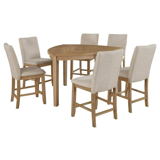 Natural Rustic Wood 7pc Dining Set in Counterheight with Beige Linen Chairs