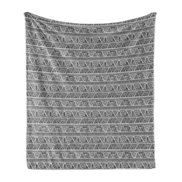Tribal Soft Flannel Fleece Throw Blanket, Monochrome Design Style Continuous Zentangle Triangles Pattern, Cozy Plush for Indoor and Outdoor Use, 60" x 80", Charcoal Grey and White, by Ambesonne