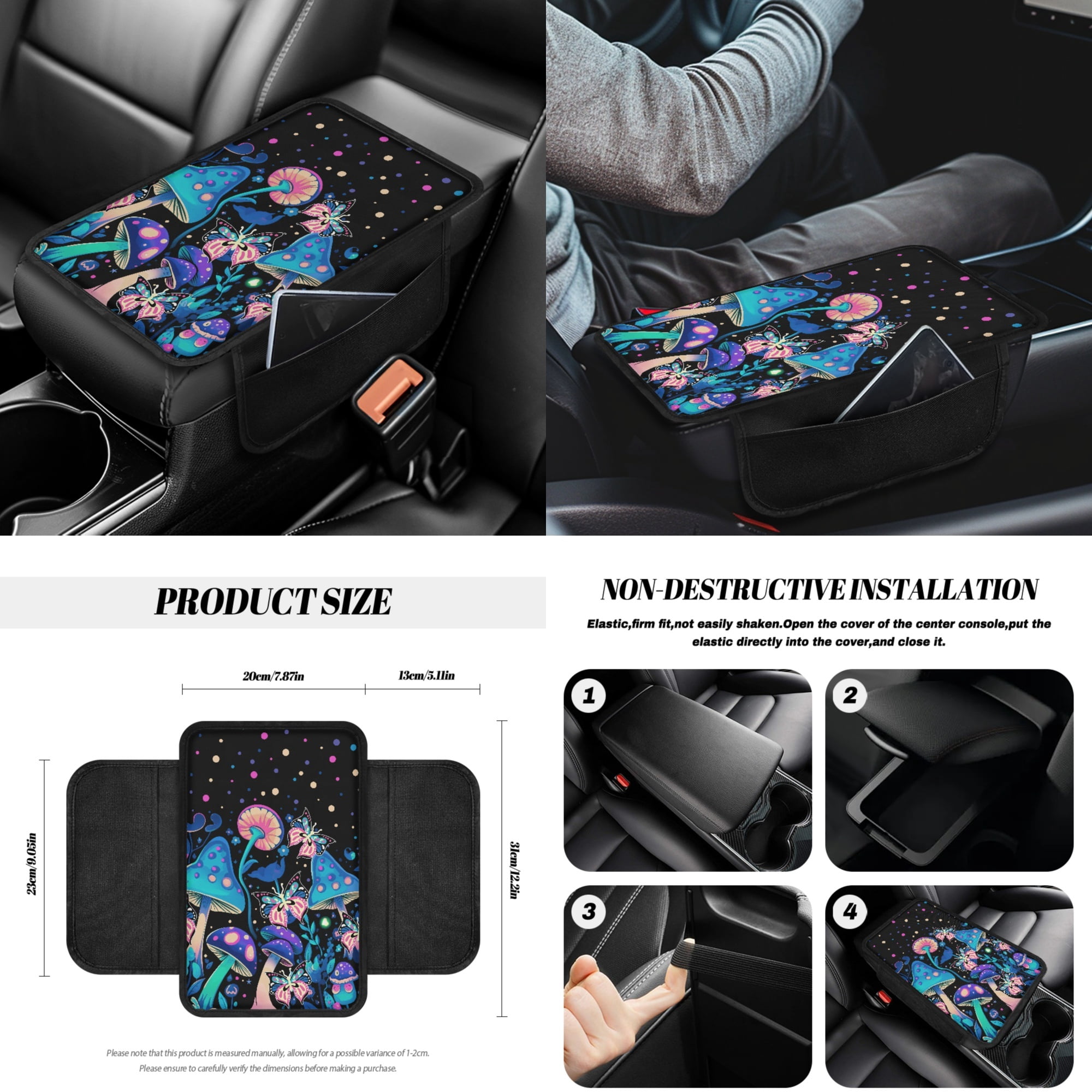 Yuyamidu Blue Mushroom Car Front Back Seat Covers Butterfly Steering Wheel Cover Seat Belt Pad Garbage Bin Armrest Cover Pad Rearview Mirror Cover Handbrake Cover Set Coasters, Set of 14