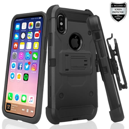 Apple iPhone Xs Case, iPhone X Case with [Temper Glass] Swivel Slim Belt Clip Holster Protective Phone Case Cover Swivel Locking Belt Clip [Kickstand] for iPhone XS 2018 -