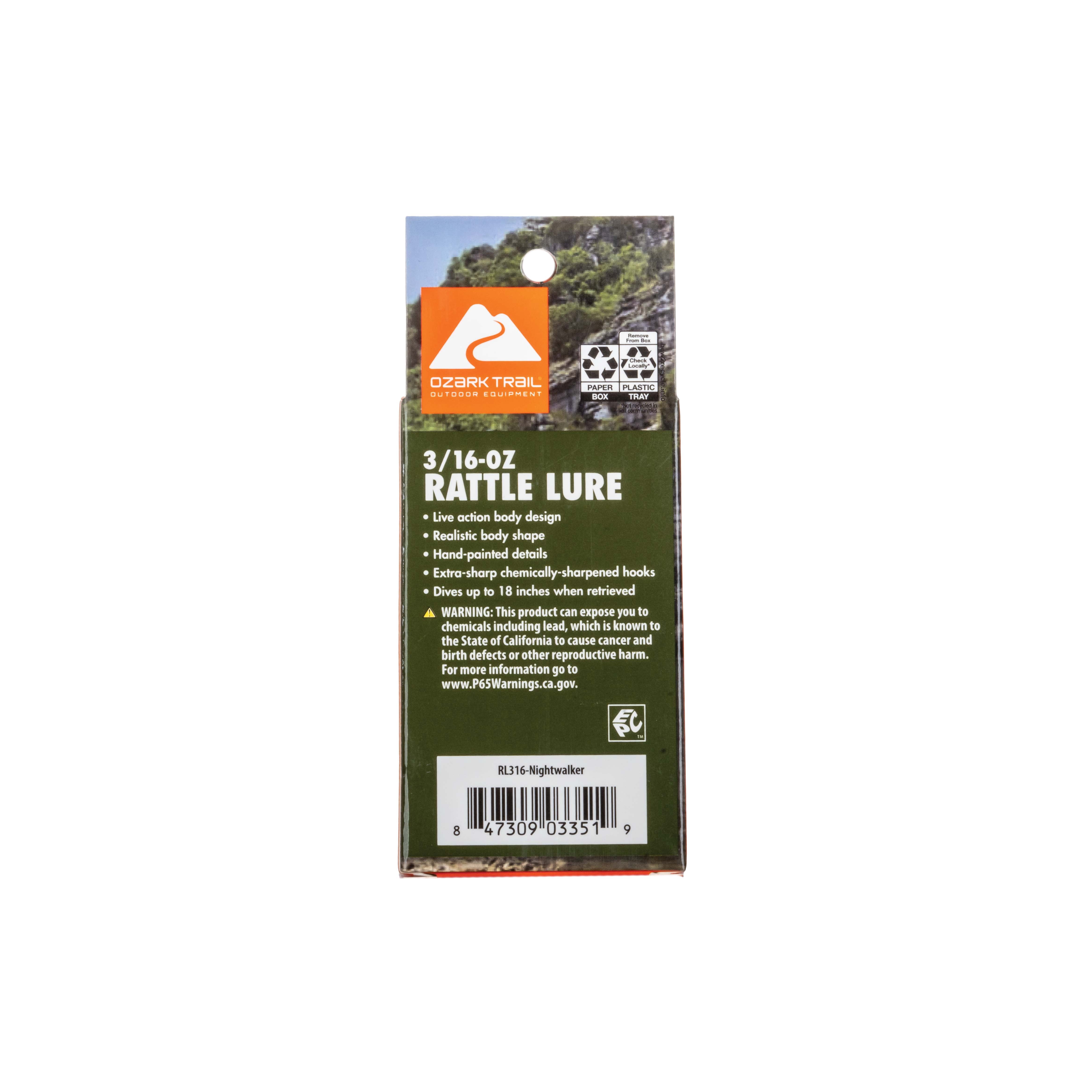 (3 pack) Ozark Trail Freshwater Rattle Fishing Lure, Nightwalker, 3/16 oz