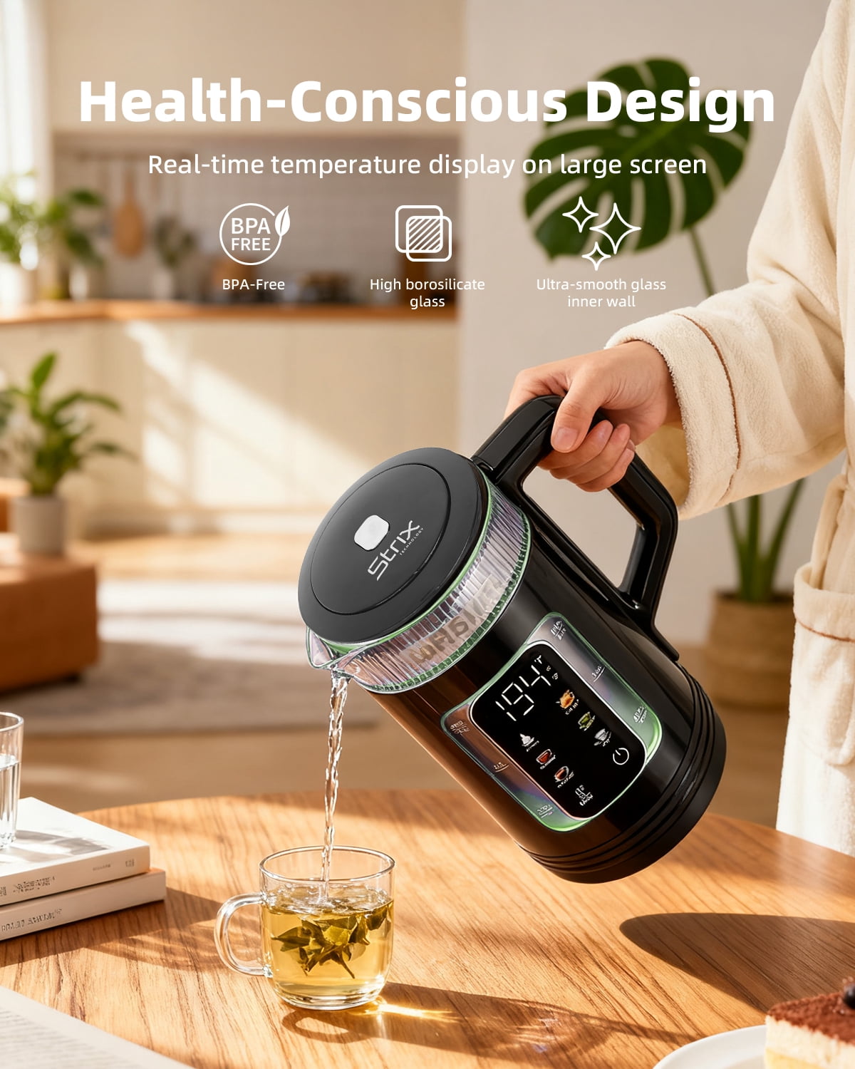 Auriswell Electric Tea Kettle with Temperature Control, 1.5L Glass smart Water Boiler for Tea, Coffee & Boil, Automatic Shut Off, 12h Keep Warm & LED One-Touch 6 Presets