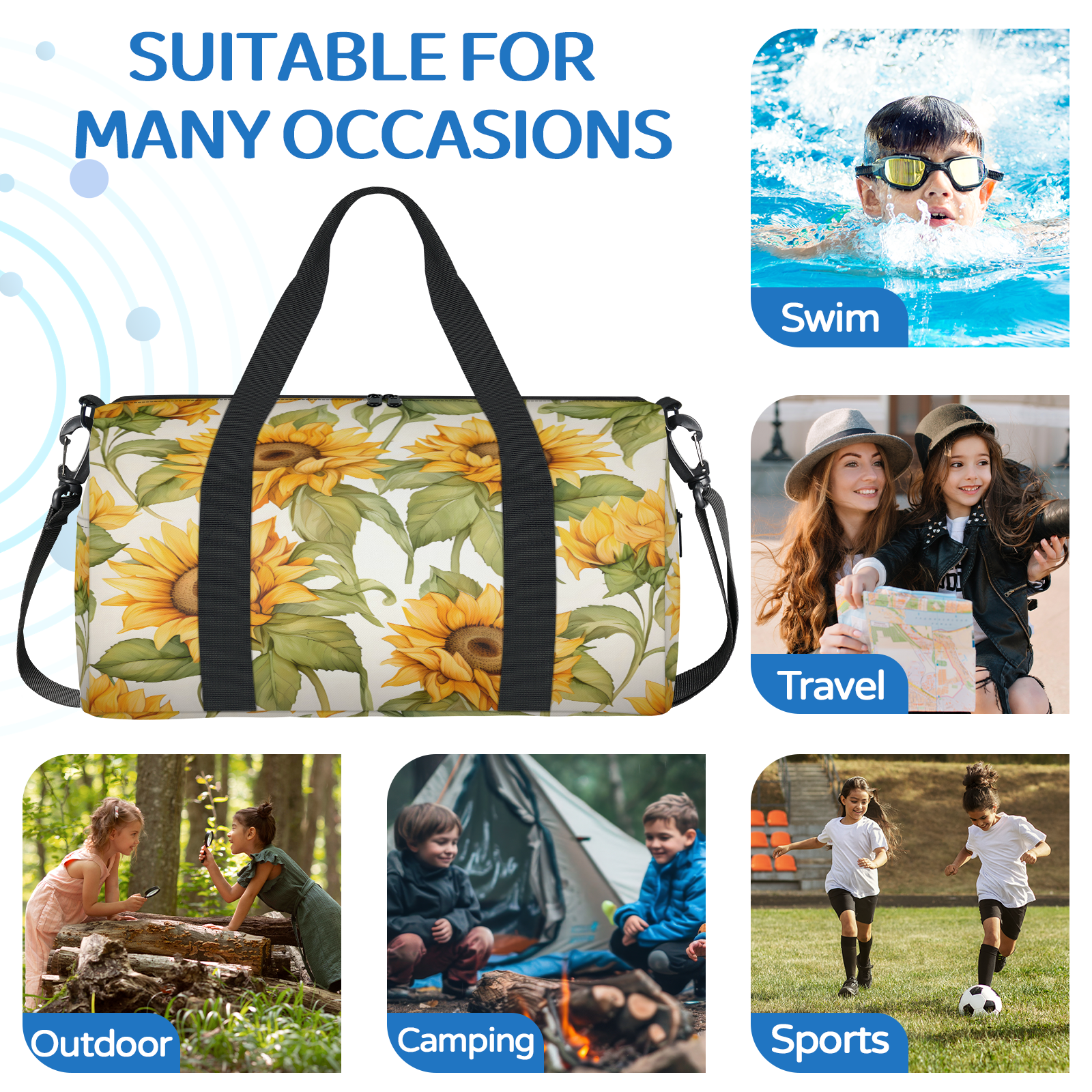 Herdesigns Sunflower Gym Bag for Women, Duffle Bag for Travel Sport, Lightweight Waterproof Carry on Weekender Overnight Dance Yoga Workout Bags