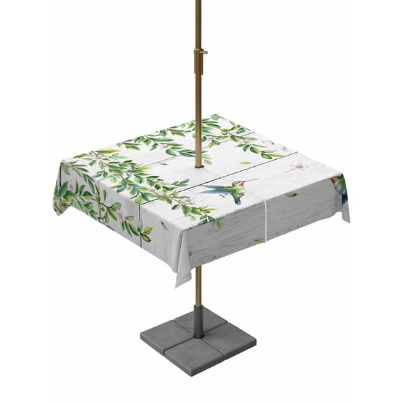 Outdoor Tablecloths with Umbrella Hole & Zipper, Spring Botanical 54x54 Inch Square Tablecloths, Watercolor Leaves Flowers Birds Gray Wood Waterproof Table Cloth, Patio/Pool/Picnic Table Covers