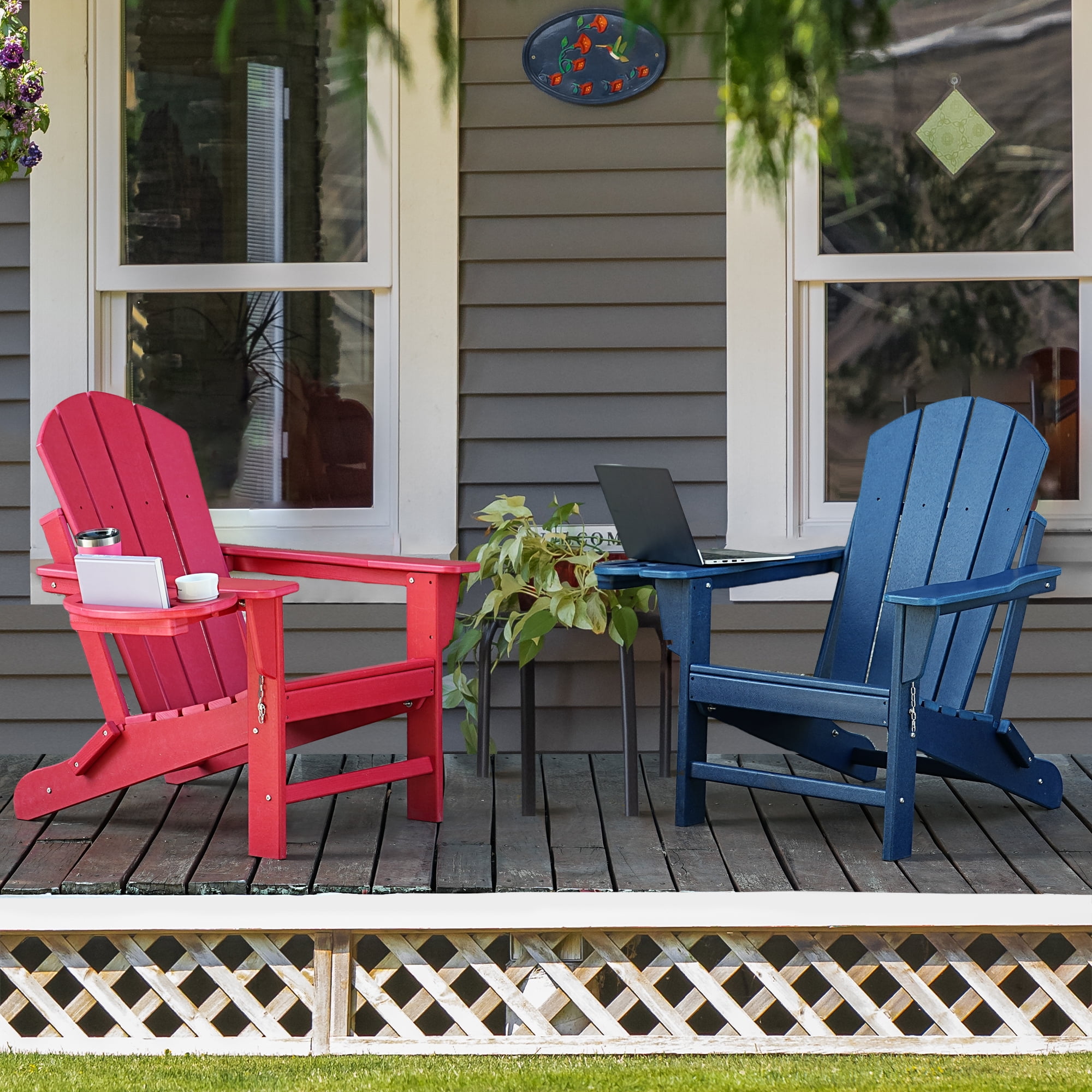 2PCS Folding HDPE Adirondack Chair with 4 in 1 Cup Holder Tray, Outdoor Patio Plastic Adirondack Chairs Weather Resistant, Blue