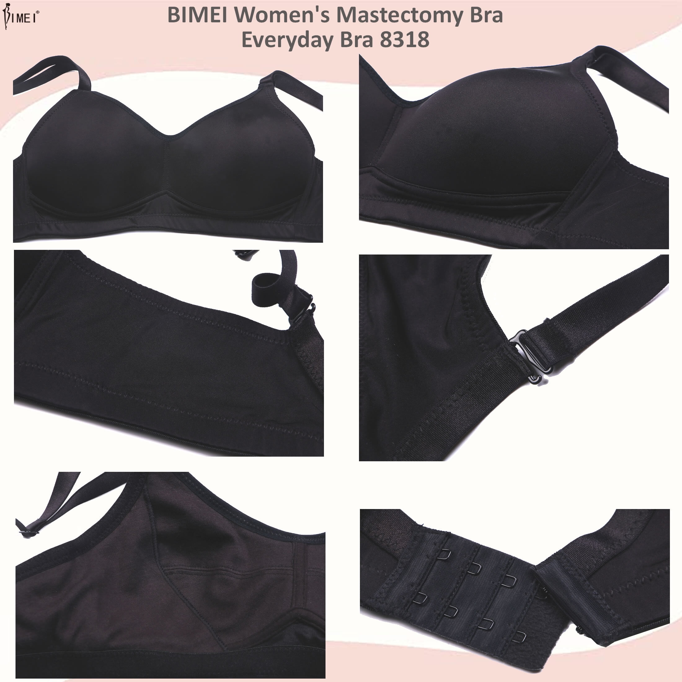 BIMEI Women's Mastectomy Bra Pockets Wireless Post-Surgery for Breast Forms Everyday Bra 8318,Black, 42A