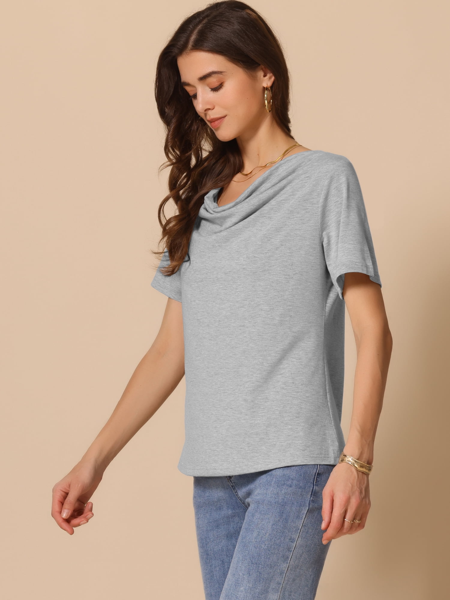 DARING DIVA Women's Cowl Neck Short Sleeve Casual Stretchy Blouse M Grey