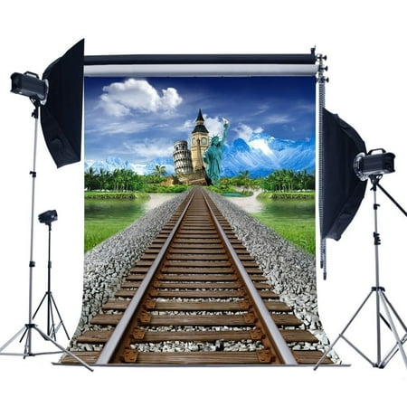 Image of HelloDecor 5x7ft Railway Tracks Photography Background Statue of Liberty Photograhy Backdrop