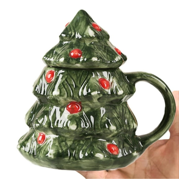 Vestitly 15oz Christmas Tree Mug With Lid Ceramic Xmas Tree Coffee Mug Adorable Festive Ceramic Coffee Cup Winter Xmas Holiday Birthday Tabletop Drinkware Teacup Gifts For Adults Kids Glass&Bottle