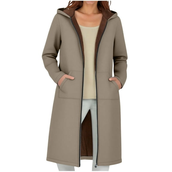 Amidoa Women's Coats Full-Zip Fleece Dressy Brown Clothes Hooded Contrast Thick Long Sleeve Jacket Womens Jacket L