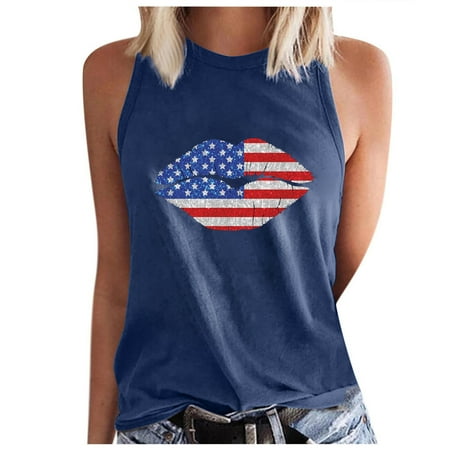 

SIMQOing Women s Casual Tops 2023 Independence Print Sleeveless Round Neck Tank Summer Loose Basic Tee