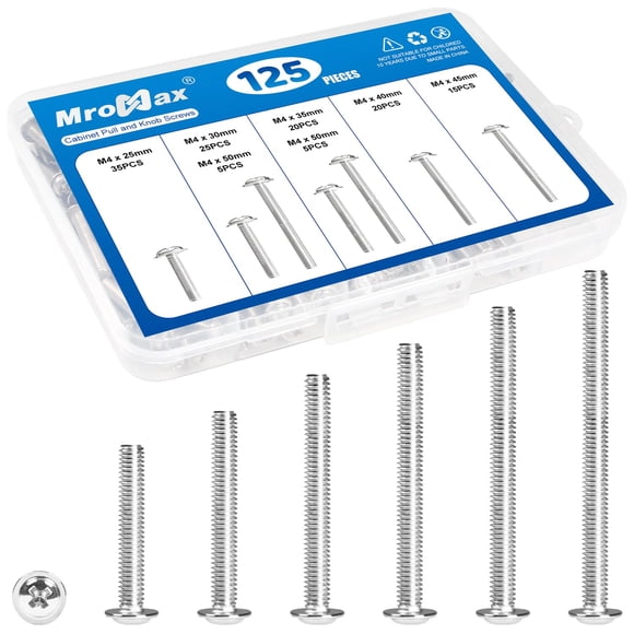 125Pcs Cabinet Pulls Knobs Screws, M4 Machine Screws Assortment Kit, M4x25/30/35/40/45/50mm, Metal
