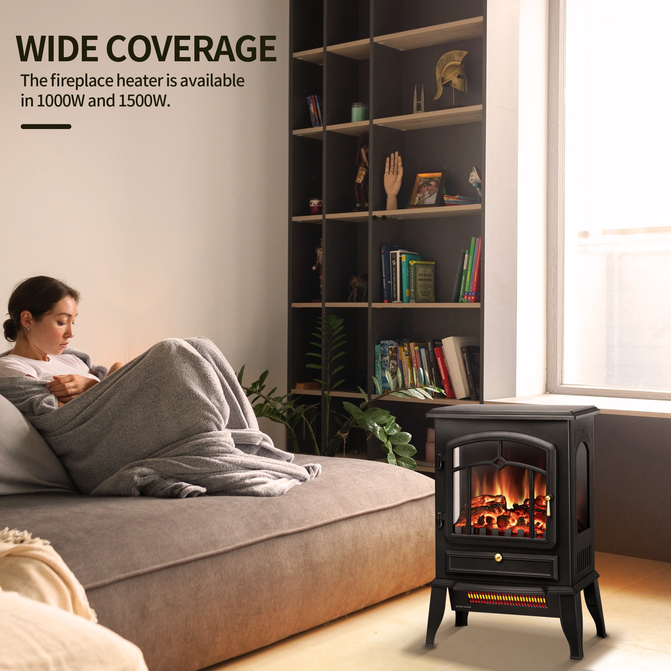 KISSAIR Infrared Electric Fireplace Stove, 15" Freestanding Fireplace Heater, Adjustable Brightness and Heating Mode, 1000W/1500W, Black