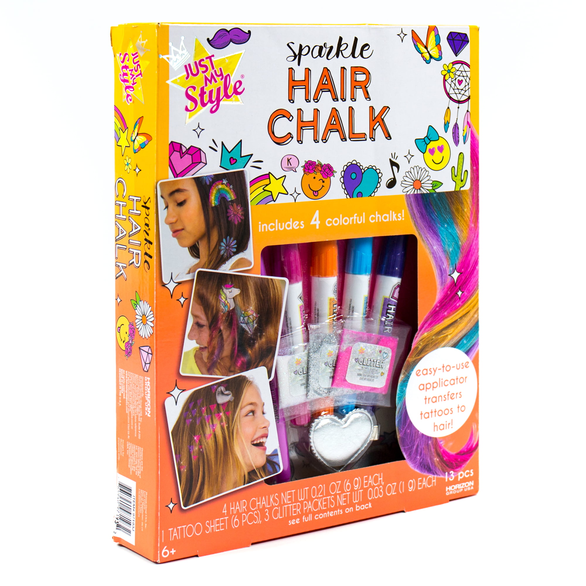 Just My Style Sparkle Hair Chalk Kit, 4 Colors, Stencils, and Hair Clip -  