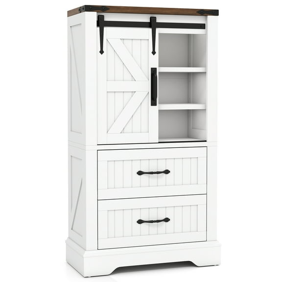 Gymax Farmhouse Bathroom Floor Cabinet w/Sliding Door Adjustable Shelves & 2 Drawers
