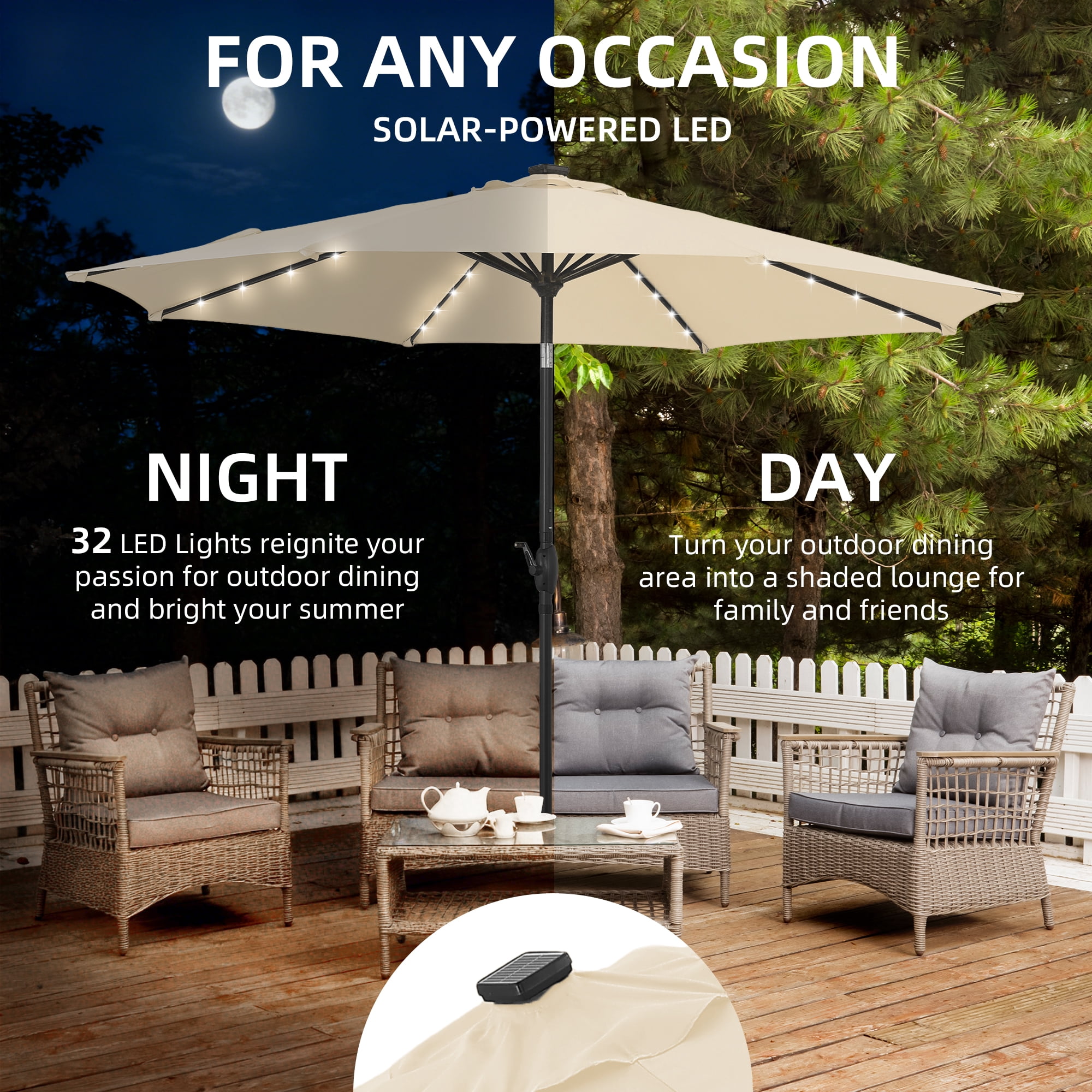 Autlaycil 10 ft Solar Patio Umbrellas with 32 Lights for Market Outdoor Pool, Steel Tilt Crank-Khaki