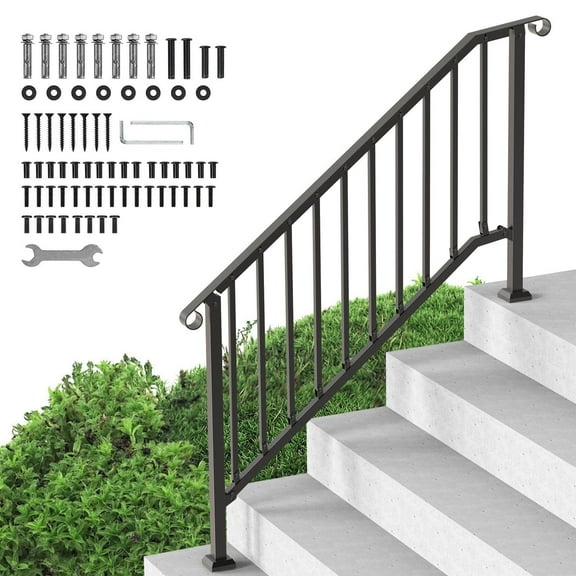 Ecojoy Handrail for Stairs Fits 5 or 6 Steps Outdoor Stair Railing Picket Black Wrought Iron Handrail