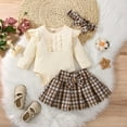 thumbnail image 2 of ZCFZJW 3Pcs Toddler Baby Girl Cotton Ruffled Long Sleeve Cotton Open Button T Shirts Tops Bow Buffalo Plaid Overall Skirts Cute Butterfly Bowknot Hairband Outfits Set(Beige,9-12 Months), 2 of 9