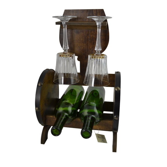 Wooden Barrel Wine Bottle and Glass Rack