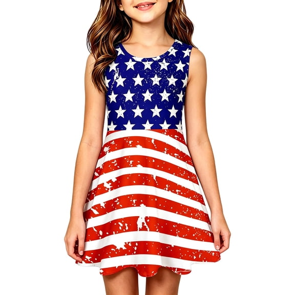 Bainana 4Th Of July Dress For Girls Sleeveless Star Striped Sundress USA Celebrate Anniversary Patriotic Dress For Toddler And 3-4 Years Blue