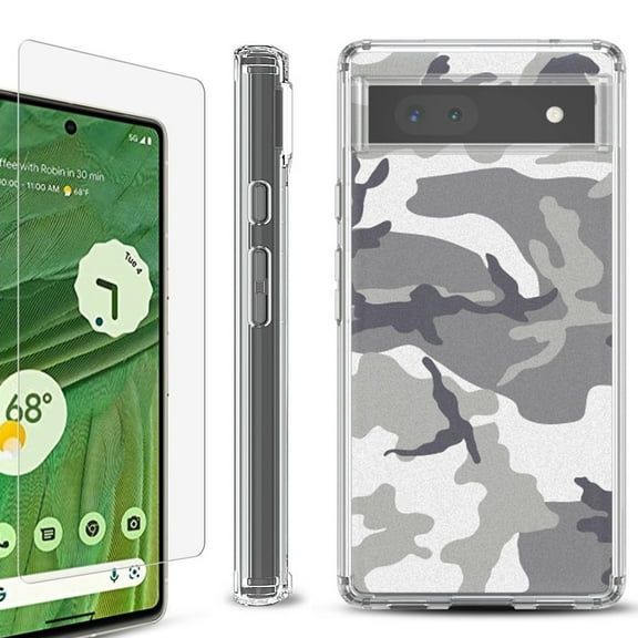 Shockproof Bumper Phone Case for Google Pixel 6a, with Tempered Glass Screen Protector, by OneToughShield ® - Urban Camo
