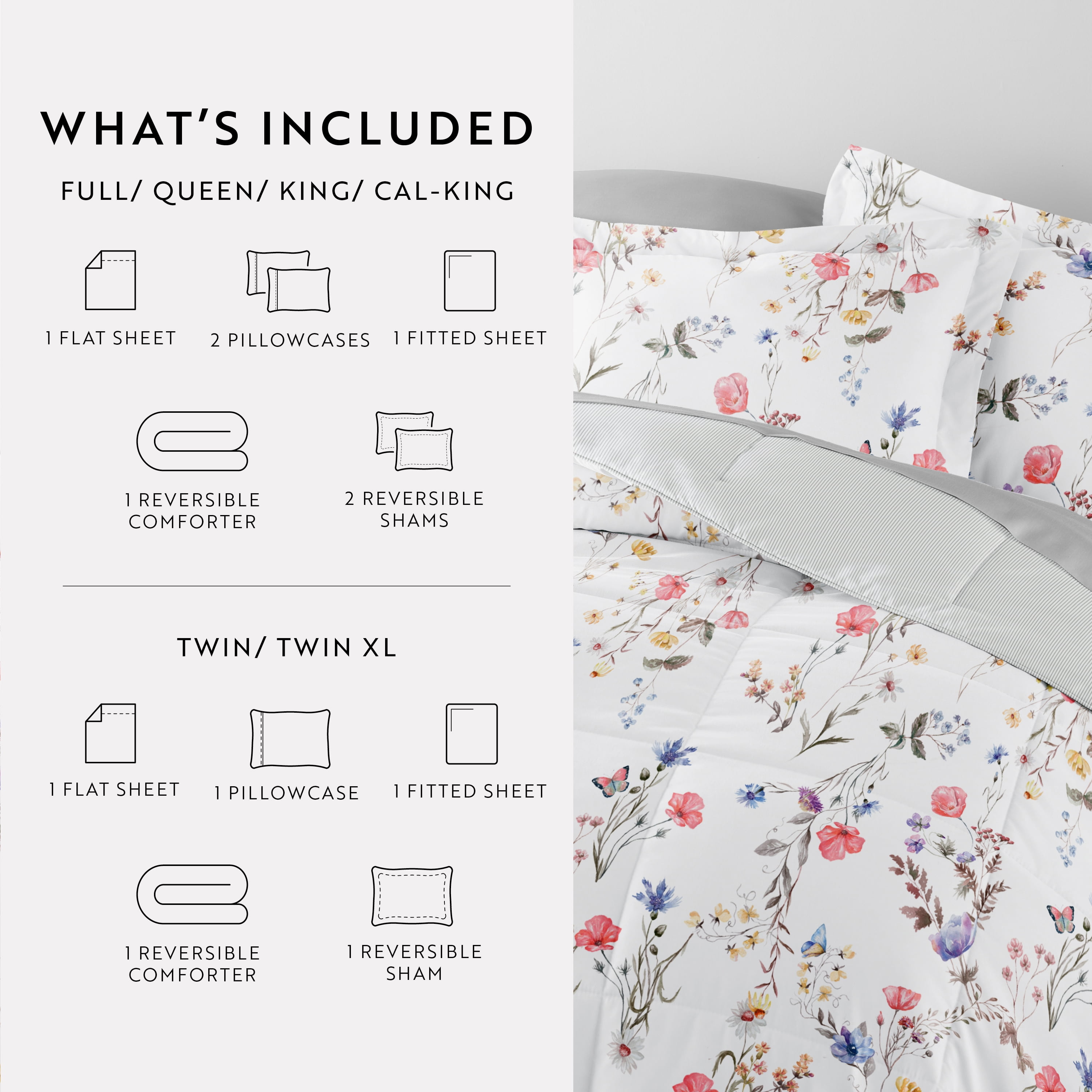 Comfort Canopy - California King Bedding Bundle, Patterned Microfiber Comforter and Solid Sheet Set in Meadow Floral Stripe Pink