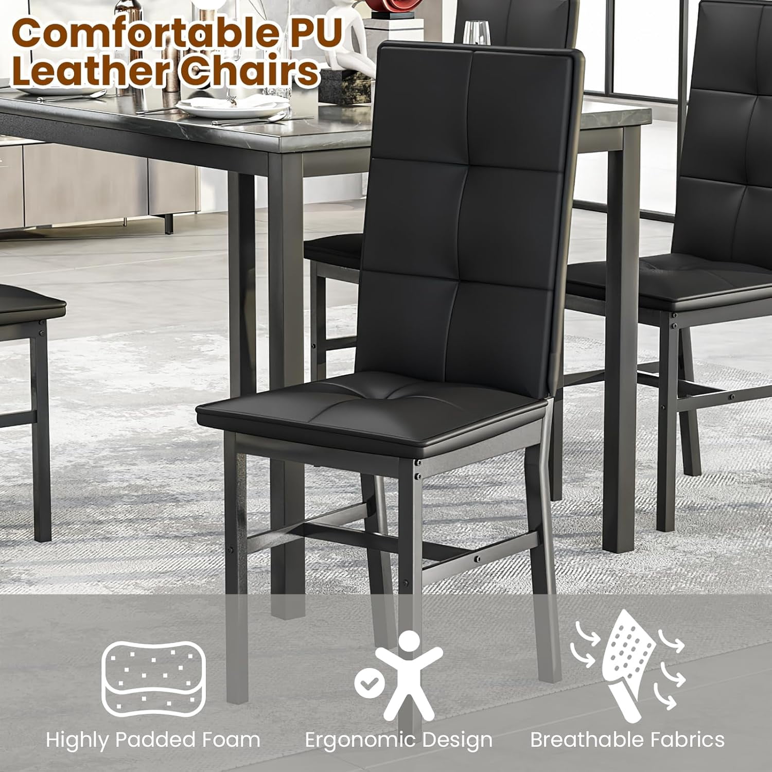 LinkRomat Dining Table Set for 4, Modern Faux Marble Tabletop and 4 PU Leather Upholstered Chairs, Kitchen Table and Chairs for Dining Room Breakfast Nook, Black