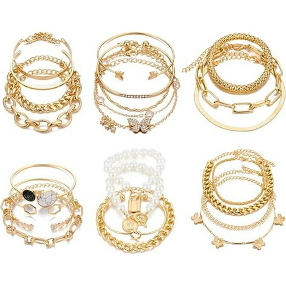 24 Pieces Stackable Bracelets Set, 14K Gold Plated Hypoallergenic Link & Cuff Boho Jewelry, Adjustable Multilayer Bracelets for Women, Perfect for Party Wedding Daily Gift