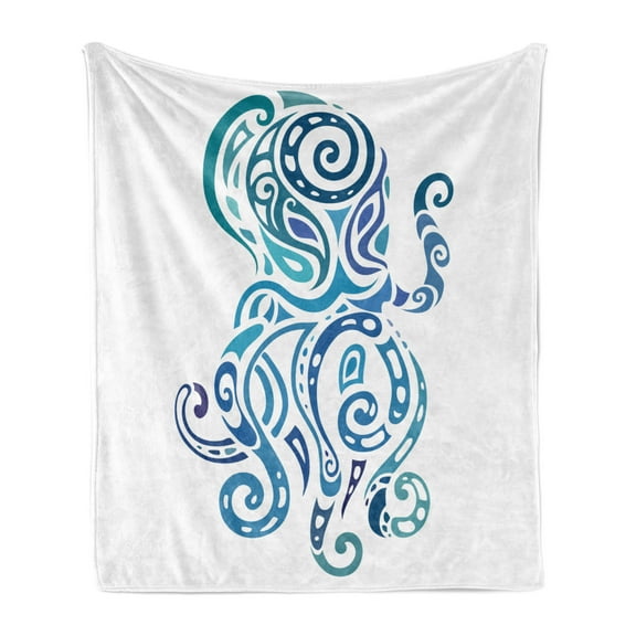 Octopus Soft Flannel Fleece Throw Blanket, Ornamental Marine Sea Animal with Curved Lines Underwater Wildlife, Cozy Plush for Indoor and Outdoor Use, 50" x 70", Violet Blue Teal, by Ambesonne