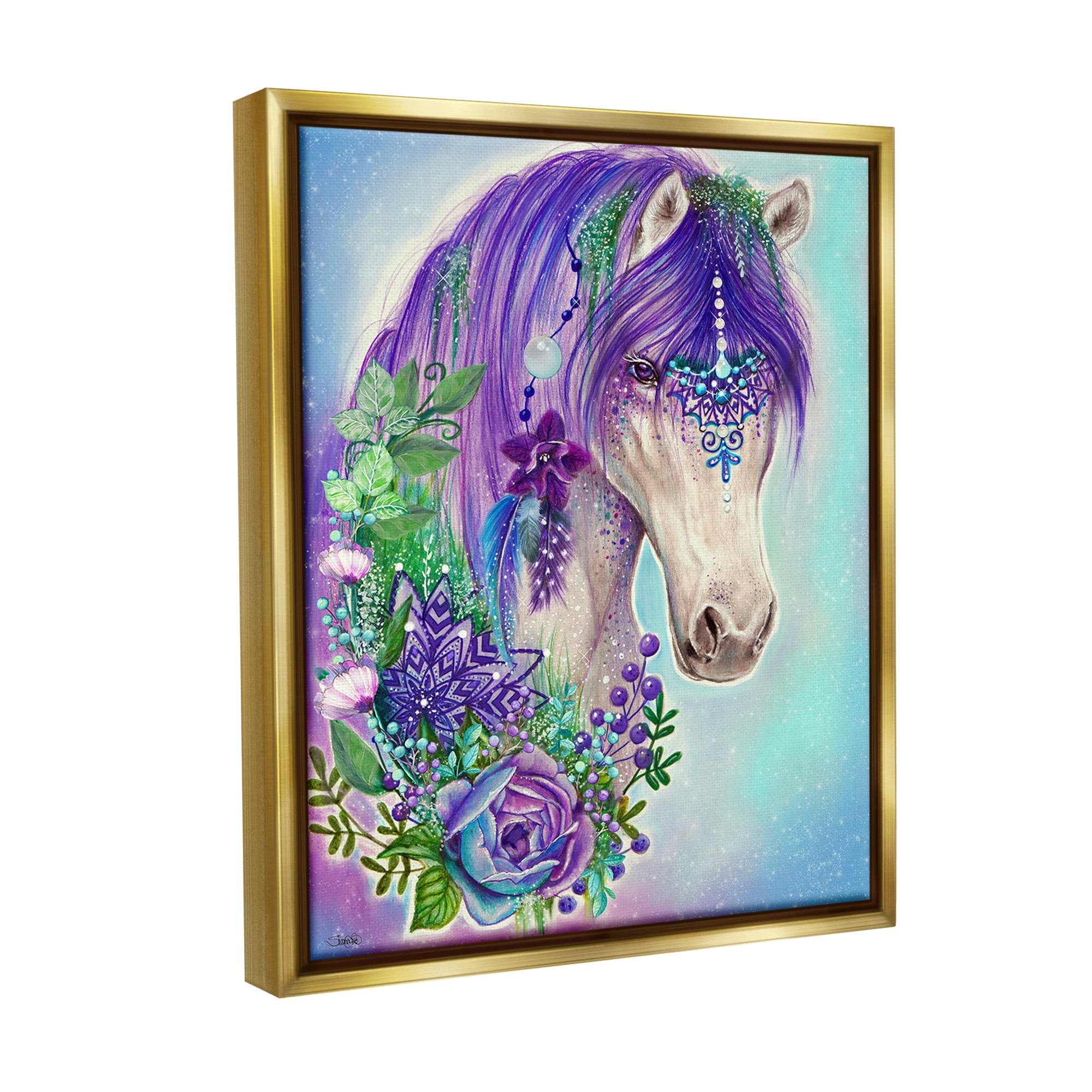 Stupell Industries Horse with Floral Garland Animals & Insects Painting Gold Floater Framed Canvas Art Print Wall Art, 25 x 31
