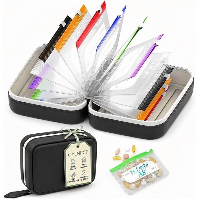 Ensemble de Pochettes à Pilules Imperméables - 14 Pcs Sacs à l'Intérieur de Pochettes Rangement pour Voyage Organisateur A8 7 à 14 Jours de Médicaments Coque Résistante Étui à Médicaments Résistant à l'Écrasement Grand Classeur Réutilisable à Fermeture Éclair (Noir)