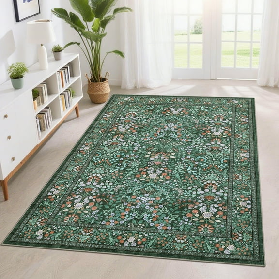 Hasoo Washable Living Room Area Rug 5x7 Modern Floral Non-Slip Soft Low Pile Indoor Dark Green Carpet