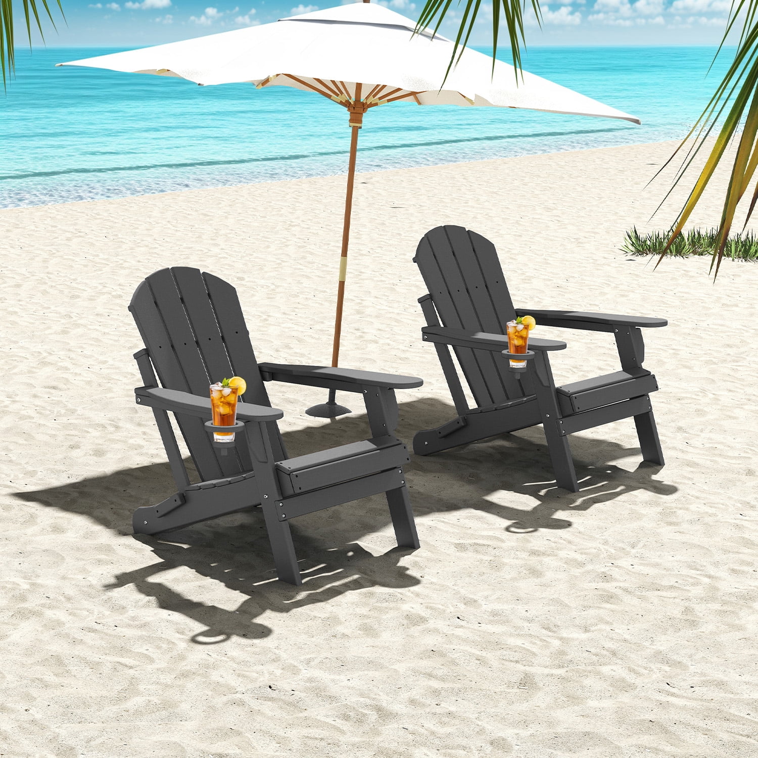 FODINGHILL Outdoor Folding Adirondack Chair, HDPE All Weather Patio Chair with Cup Holder for Deck Backyard Garden, Grey