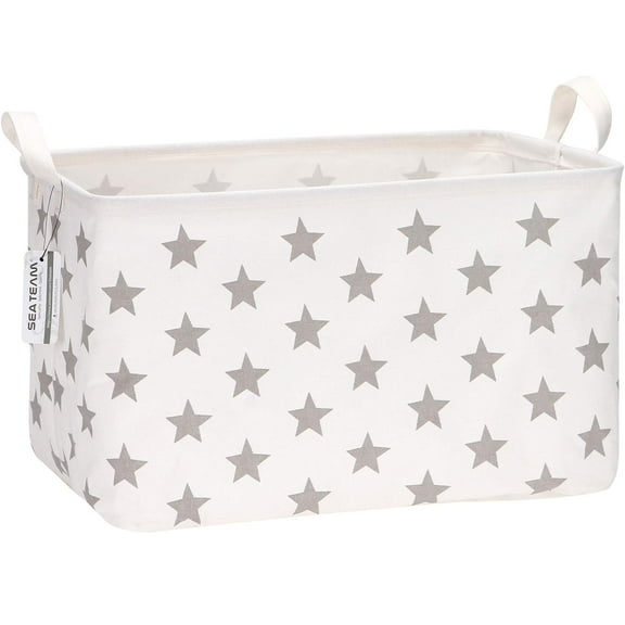 Sea Team Collapsible Canvas Fabric Storage Basket with Handles, Rectangle Waterproof Storage Bin, Box, Cube, Foldable Shelf Basket, Closet Organizer, 16.5 x 11.8 x 9.8 Inches, Grey Star