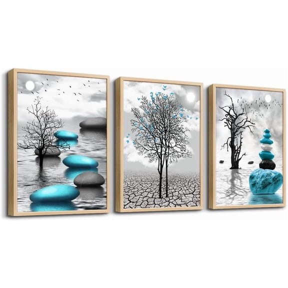 Framed Canvas Wall Art, 3pc 12x16in Natural Wood, Abstract Blue Prints, Ready to Hang, Bathroom, Bedroom, Kitchen, Living Room Decor
