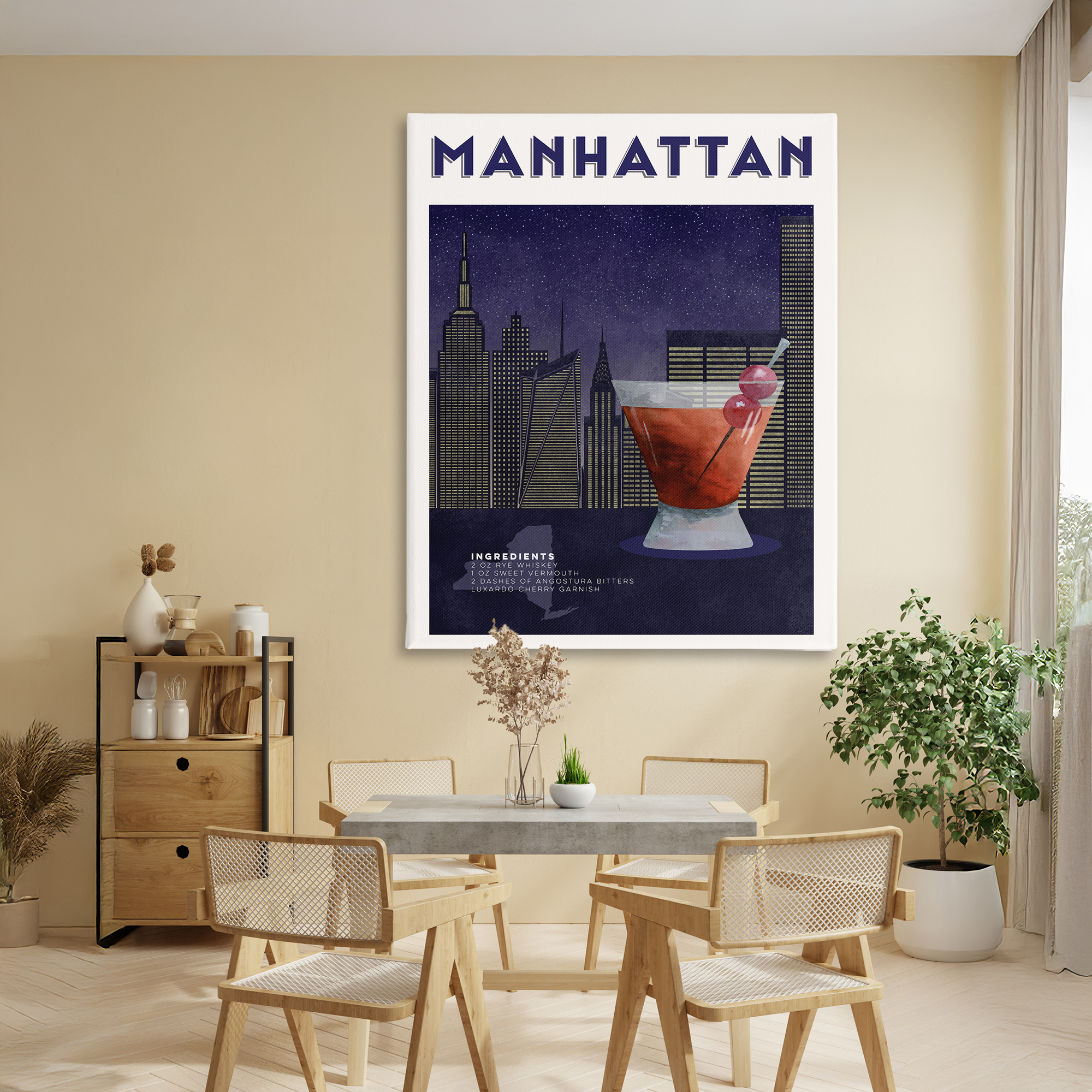Retro Manhattan Cocktail Cityscape Canvas Wall Art, design by Brett Blumenthal