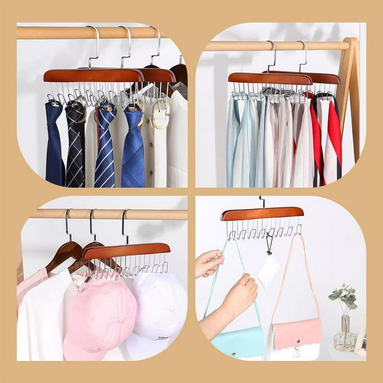 XMMSWDLA Hanger for Closet Sturdy Wood Belt Rack Closet Hanging Accessories with 8 Hooks Belt Ties Scarves Camisole Hat Organizer for Closet Women