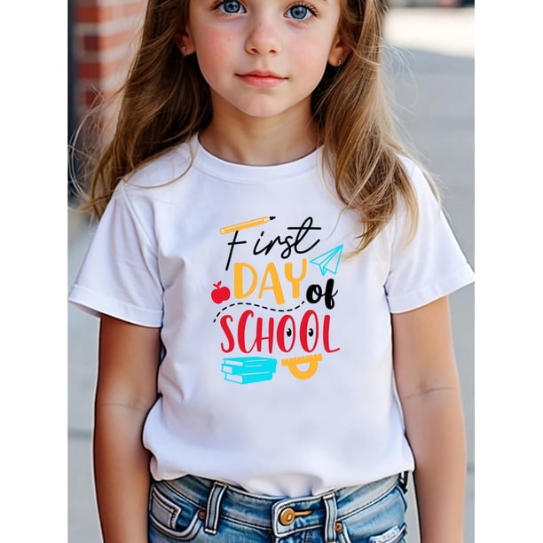 "FIRST to SCHOOL""Grandma's Girl"Bold Letter Print Pattern - Round Neck Versatile - Girls' T-Shirt
