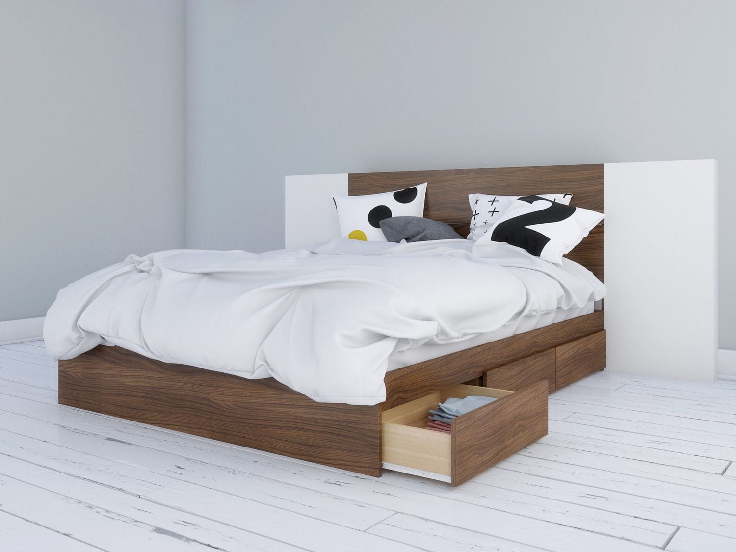 Nexera Foliage Storage Bed and Headboard with 2 Extension Panels, Walnut and White