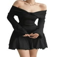 thumbnail image 1 of Women Knitting Dresses  Long Sleeve Off Shoulder Solid Color Casual Party Spring Summer Dress, 1 of 7