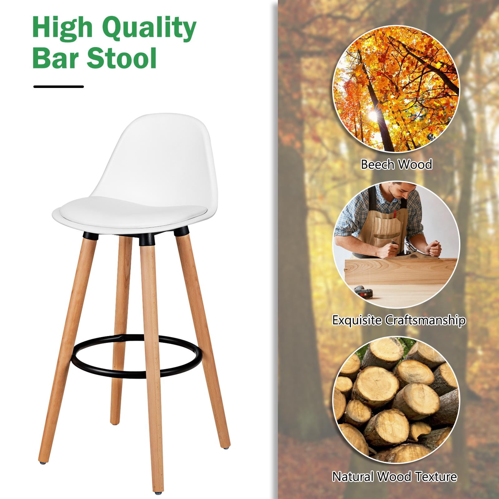 Giantex Set of 2 Dining Room Chair w/ Solid Beech Wood Legs, Upholstery High Chair Set, Scandinavian Kitchen Chair w/ Footrest, Retro Bar Stools for Living room, Loadable Up to 330 LBS, White