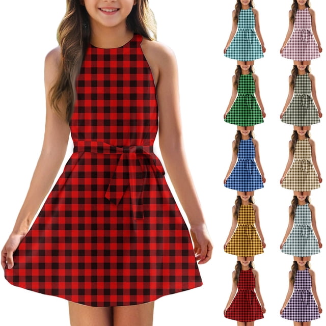 Girls 2025 Summer Dresses Sleeveless Plaid Dress with Belt Checkered Pattern Casual A-Line Sundress for Summer ,Sie:160