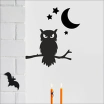 Halloween Owl on branch with moon and stars Vinyl Lettering Wall decal (14"H x 12.5"L Left Black)